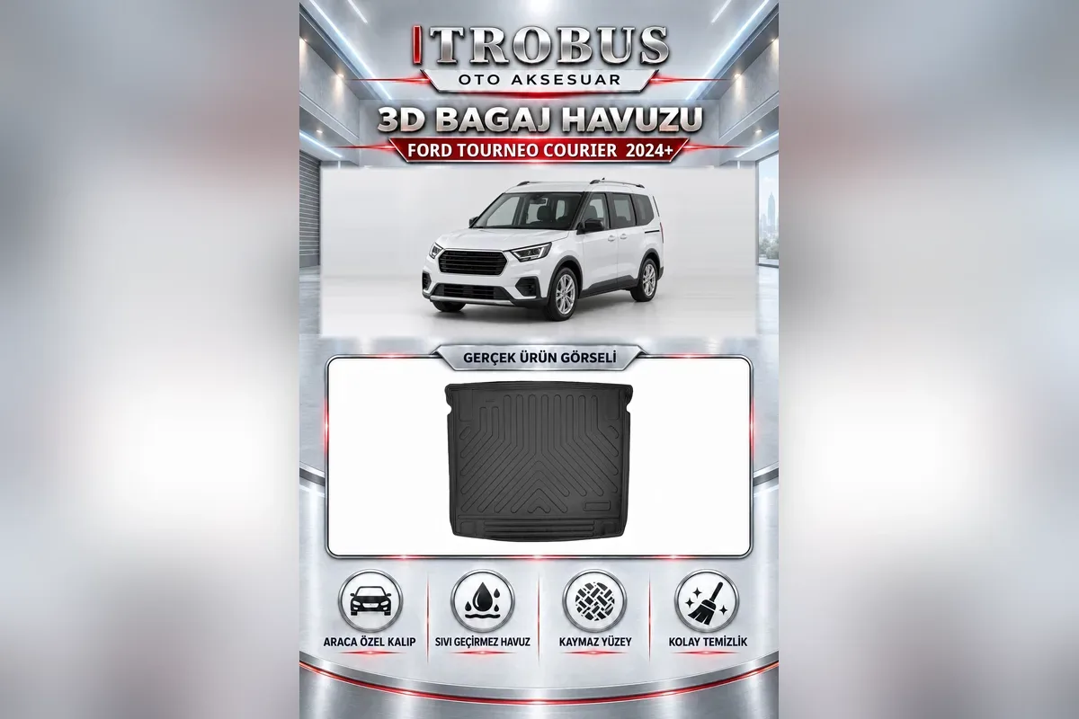 Ford Tourneo Courier 2024 sonrası yeni kasa için siyah 3D bagaj havuzu, üstte beyaz araç, altta gerçek ürün fotoğrafı