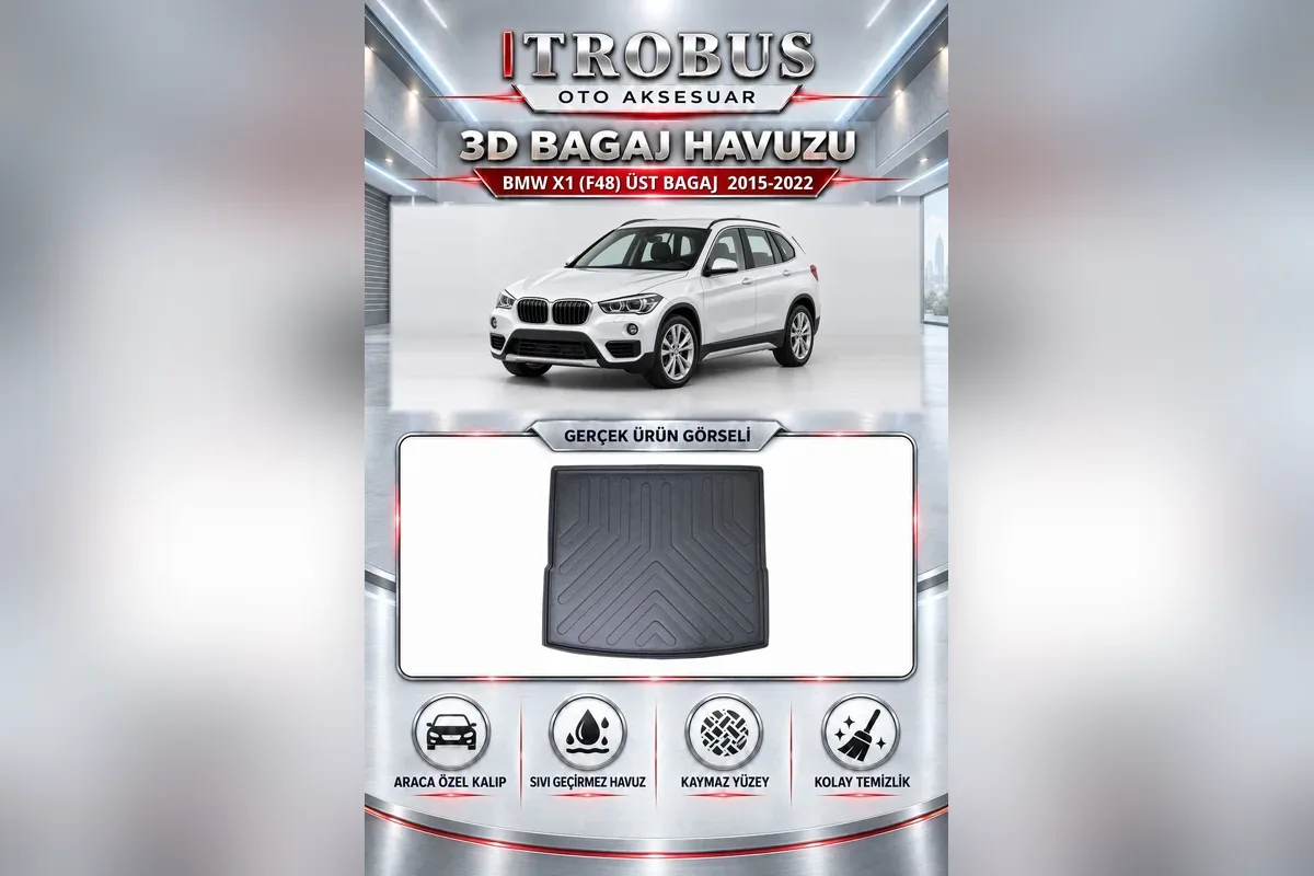 BMW X1 F48 2015-2022 için üst bagaj 3D bagaj havuzu, beyaz SUV görseli ve altta gerçek ürün fotoğrafı