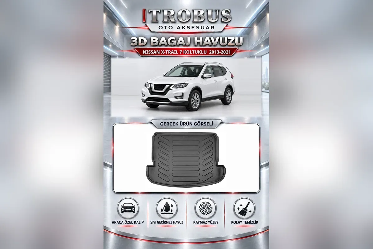 Nissan X-Trail 2013-2021 7 koltuklu araç için siyah 3D bagaj havuzu, beyaz SUV ve gerçek ürün fotoğrafı