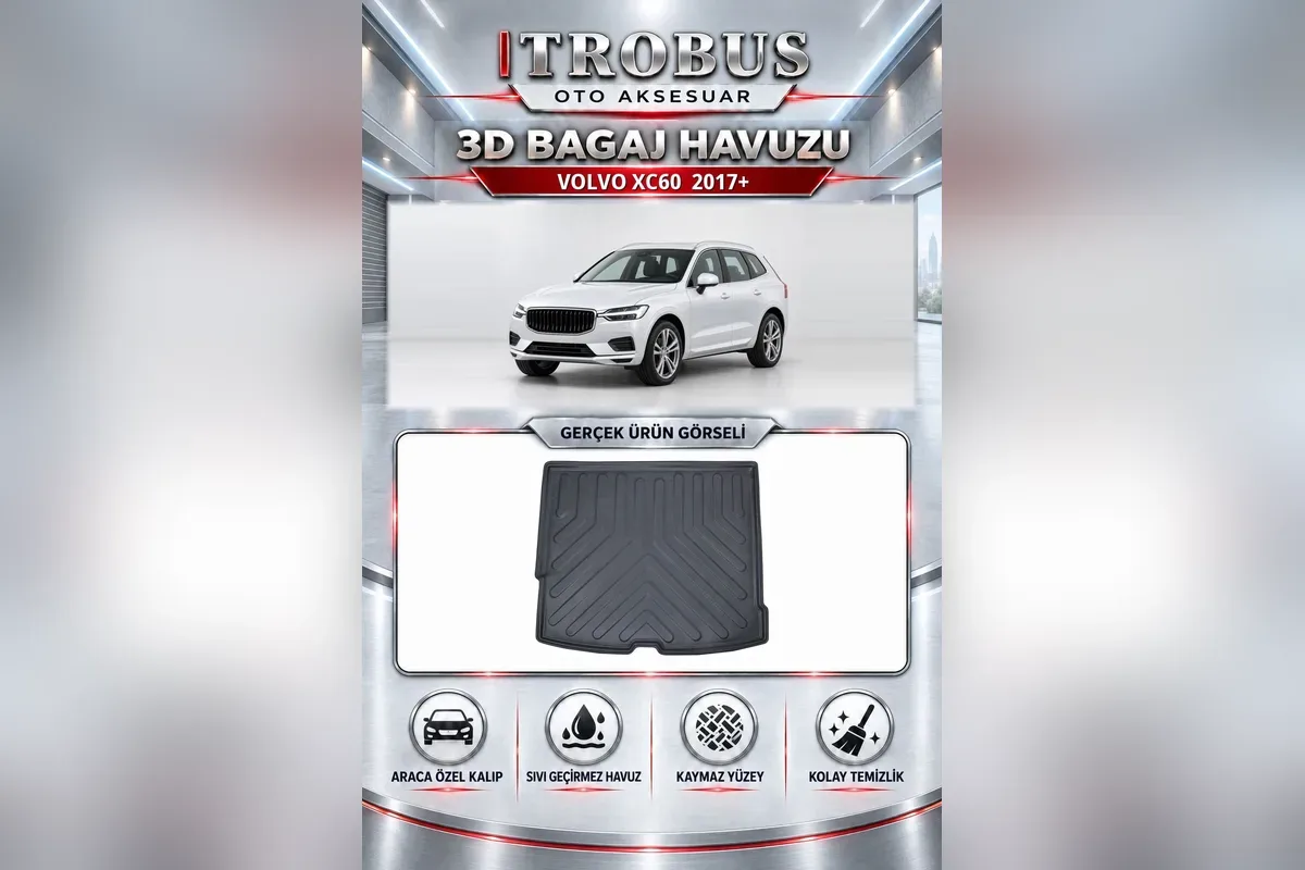 Volvo XC60 2017 ve sonrası ikinci nesil için siyah 3D bagaj havuzu, beyaz SUV görseli ve gerçek ürün fotoğrafı