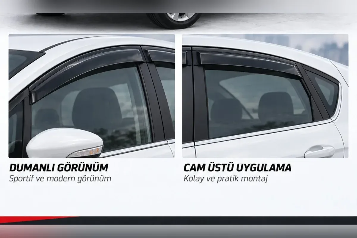 Ford Fiesta 5 kapı hatchback ön ve arka camında takılı koyu renk 4 parça Mügen tip cam rüzgarlığı yakın çekim