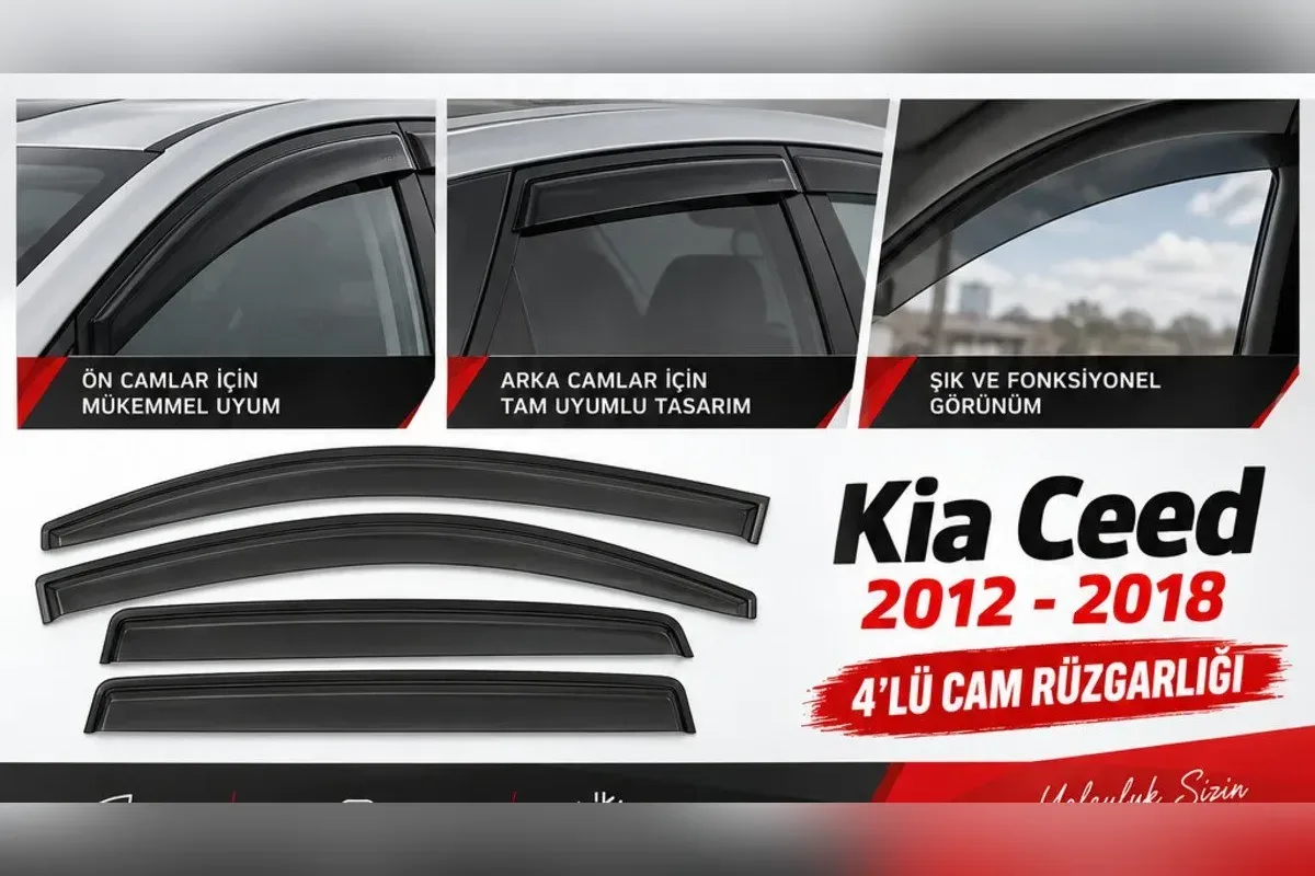 Kia Ceed 2012-2018 JD kasa hatchback için 4 parça koyu cam rüzgarlığı, ön ve arka kapı camı detayları ile parçaların görünümü