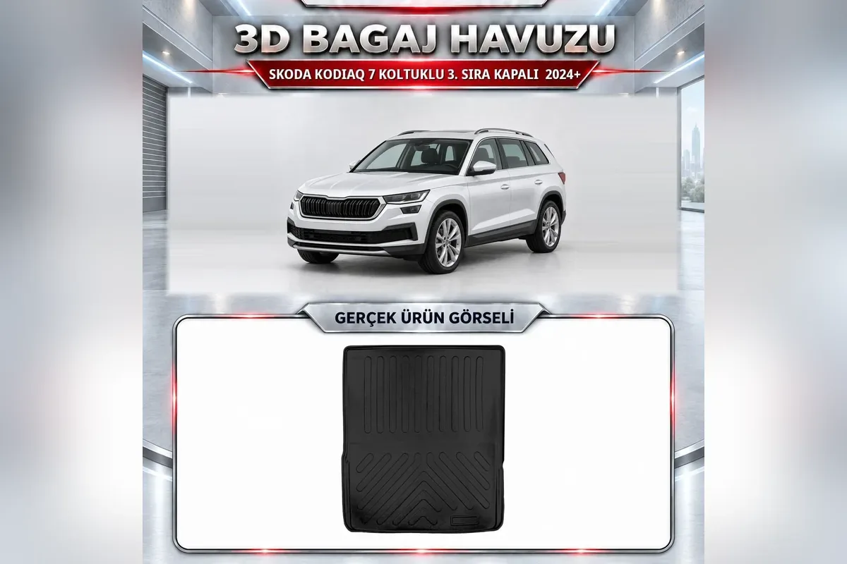 Skoda Kodiaq 2024 sonrası 7 koltuklu, üçüncü sıra kapalıyken kullanılan siyah 3D bagaj havuzu ve beyaz SUV görseli