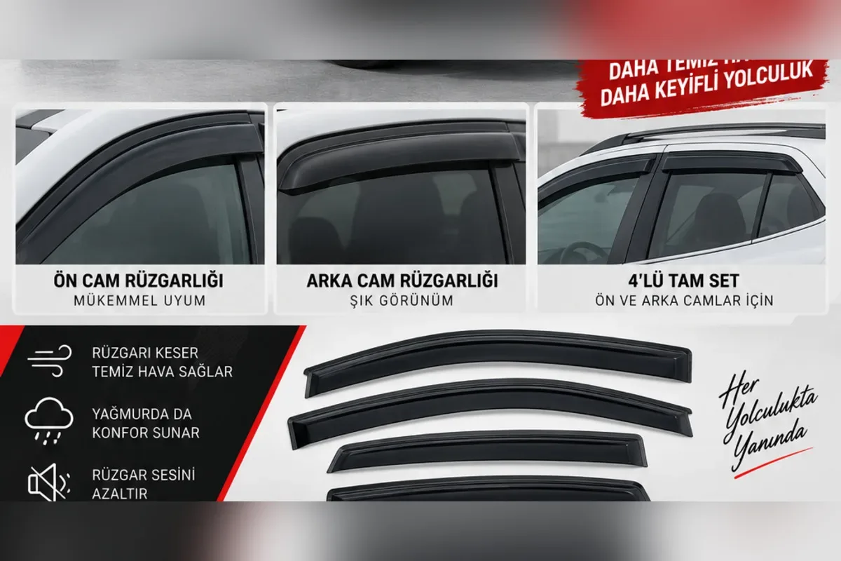 Opel Mokka 2012-2020 için 4 parça cam rüzgarlığı, ön ve arka cam detayları ile koyu renk rüzgarlık parçaları