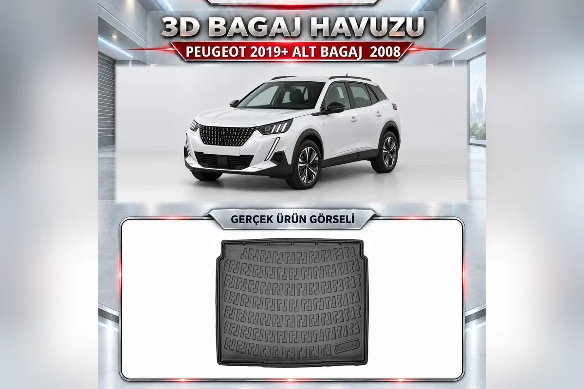 Peugeot 2008 2019 sonrası alt bagaj için siyah 3D bagaj havuzu, beyaz SUV görseli ve gerçek ürün fotoğrafı