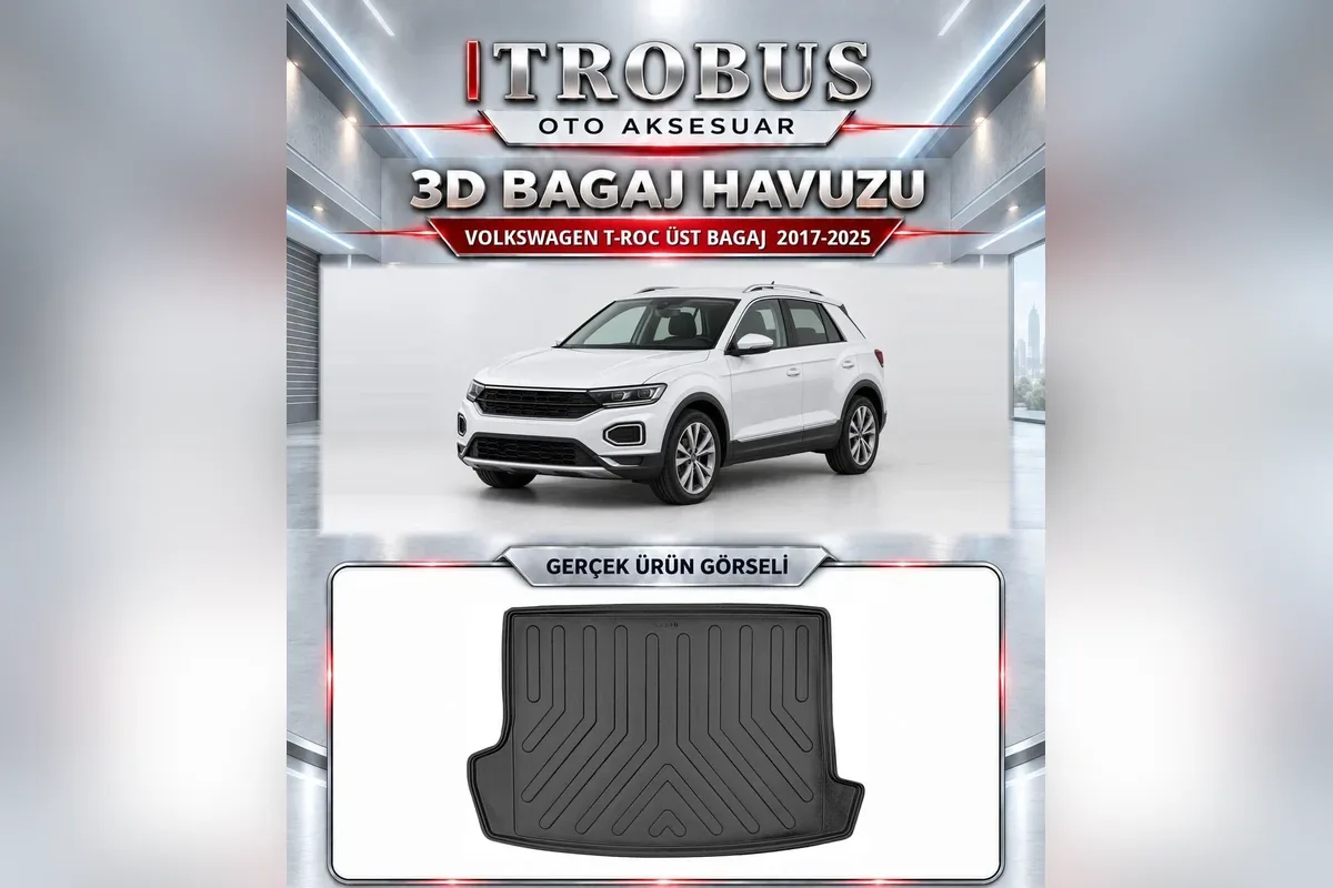 Volkswagen T-Roc 2017-2025 üst bagaj için siyah 3D bagaj havuzu, beyaz T-Roc ve gerçek ürün fotoğrafı
