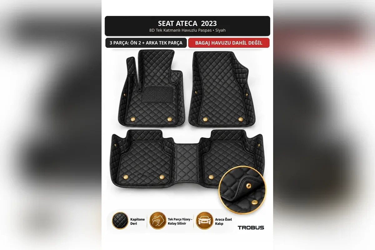 Seat Ateca 2023 için siyah 8D tek katmanlı kapitone havuzlu paspas, iki ön ve tek parça arka