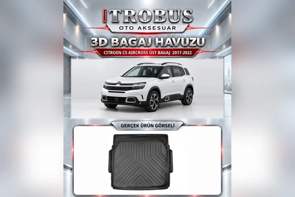 Citroen C5 Aircross 2017-2022 üst bagaj için siyah 3D bagaj havuzu, beyaz SUV ve gerçek ürün fotoğrafı