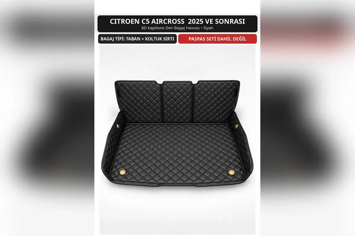 Citroen C5 Aircross 2025 ve sonrası için siyah 8D kapitone bagaj havuzu, taban ve koltuk sırtı kaplamalı