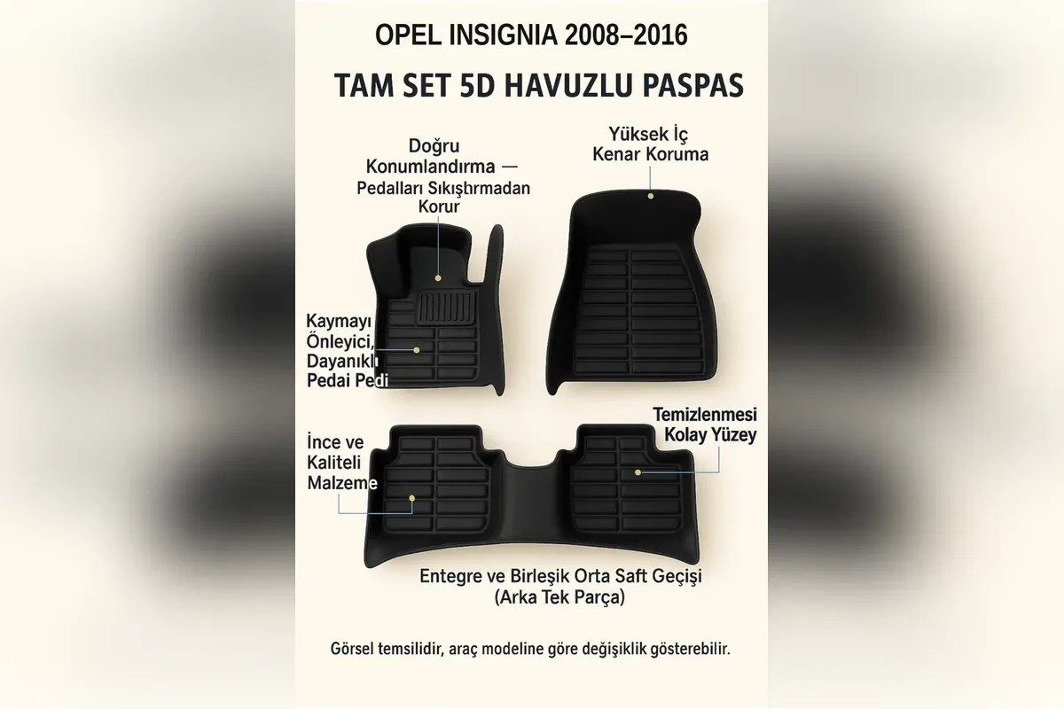 Opel Insignia 2008-2016 için siyah 5D havuzlu paspas tam set, arka tek parça ve orta şaft geçişli