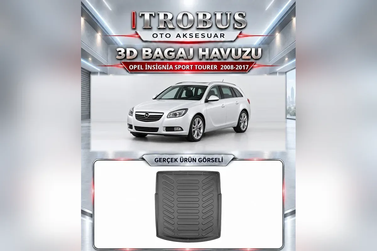 Opel Insignia 2008-2017 Sport Tourer için siyah 3D bagaj havuzu, beyaz station araç ve gerçek ürün fotoğrafı