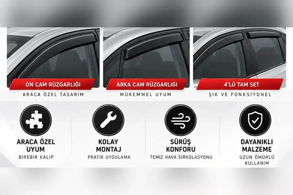 Honda City sedan ön ve arka kapı camlarında takılı koyu renk 4 parça cam rüzgarlığı detay görünümü