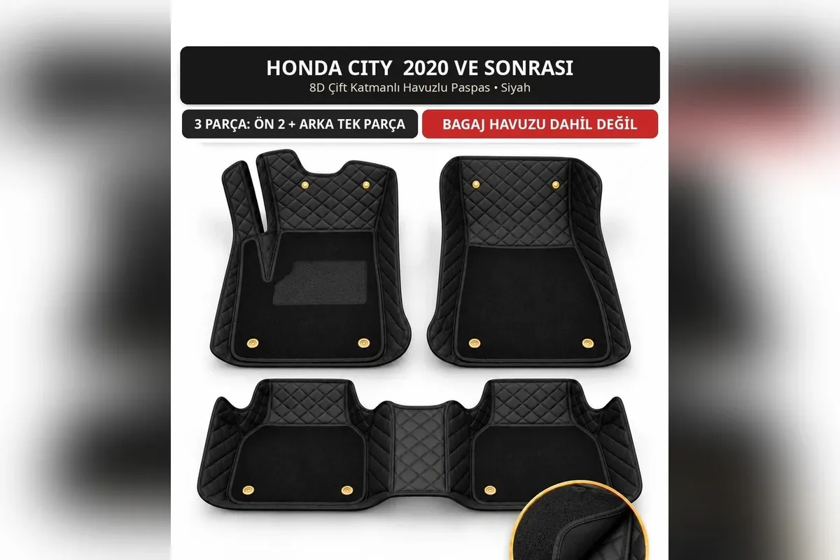 Honda City 2020 ve sonrası için siyah 8D çift katmanlı kapitone havuzlu paspas, iki ön parça ve tek parça arka