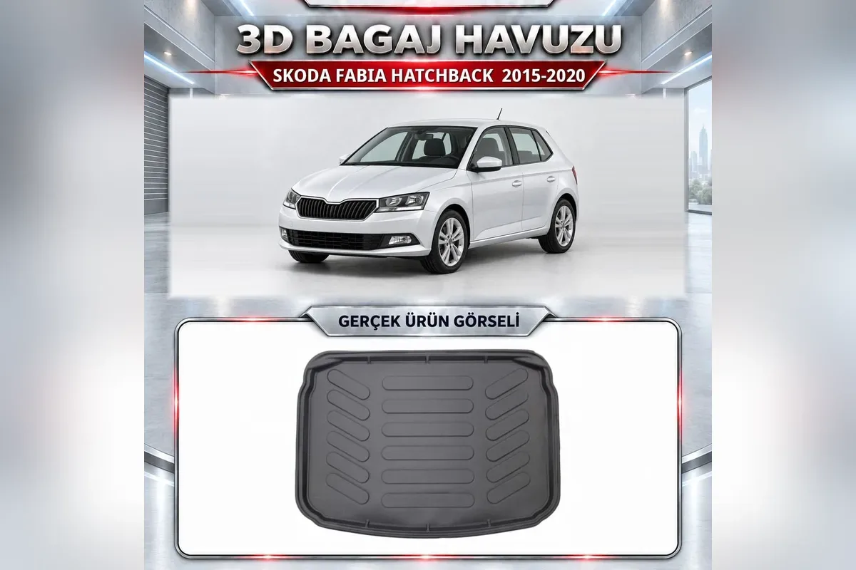Skoda Fabia hatchback 2015-2020 için siyah yüksek kenarlı 3D bagaj havuzu ve beyaz Fabia görseli