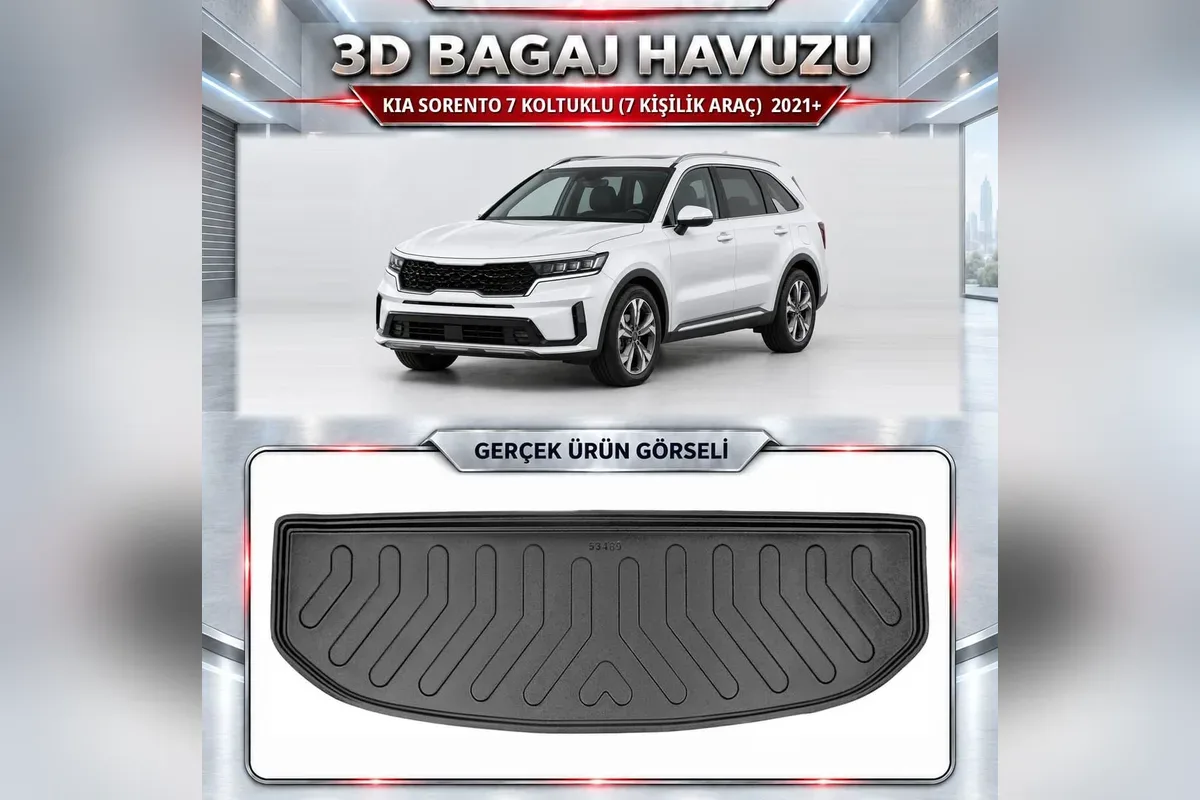 Kia Sorento 2021 sonrası 7 koltuklu araç için siyah yüksek kenarlı 3D bagaj havuzu ve beyaz SUV görseli