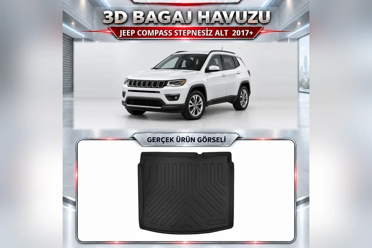 Jeep Compass 2017 sonrası stepnesiz alt kademe için siyah 3D bagaj havuzu ve beyaz Compass ile gerçek ürün fotoğrafı