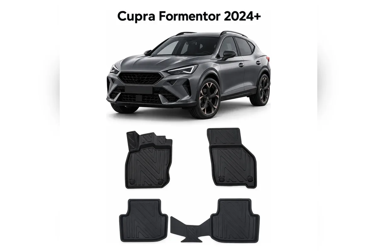 Cupra Formentor 2024 sonrası için karbon desenli premium 3D havuzlu paspas seti ve gri Formentor