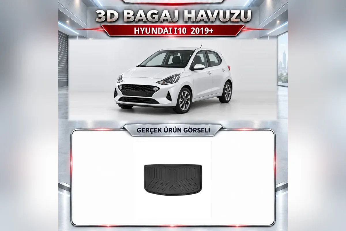 Hyundai i10 2019 sonrası AC3 kasa için siyah 3D bagaj havuzu, beyaz i10 ve gerçek ürün fotoğrafı