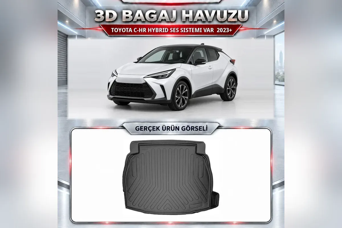 Toyota C-HR 2023 sonrası hybrid ses sistemi olan bagaj için siyah 3D bagaj havuzu, beyaz C-HR ve gerçek ürün fotoğrafı