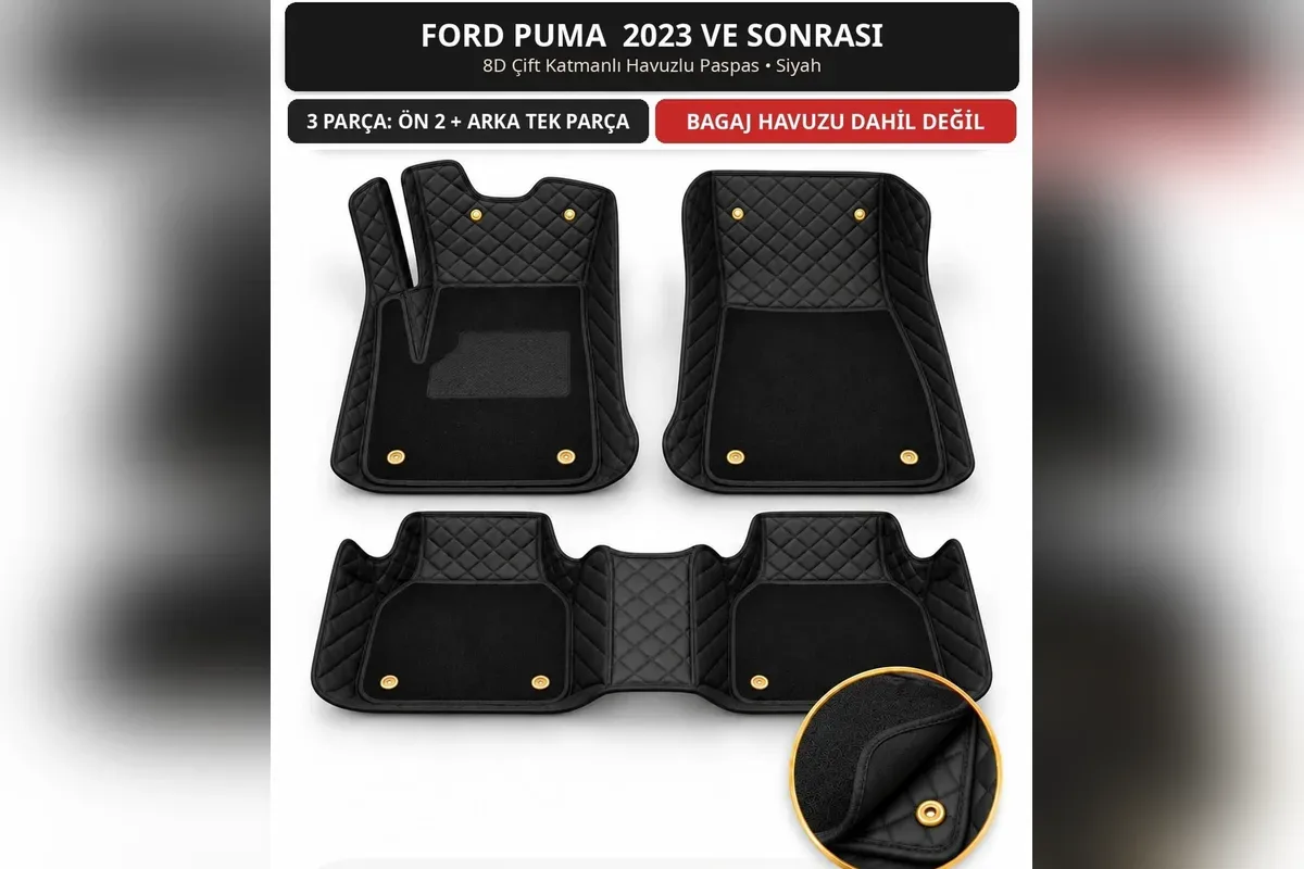 Ford Puma 2023 ve sonrası için siyah 8D çift katmanlı kapitone havuzlu paspas, iki ön parça ve tek parça arka
