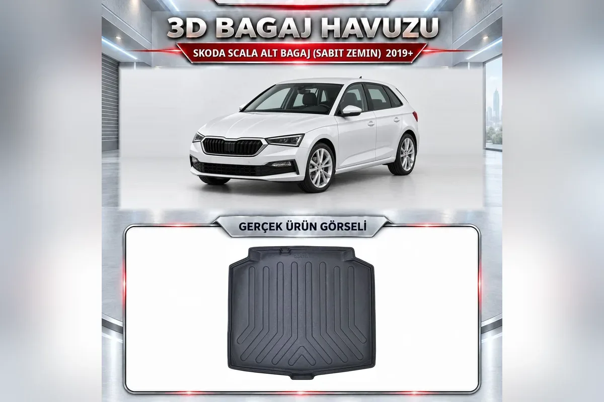 Beyaz Skoda Scala hatchback ve alt bagaj sabit zemin için siyah 3D bagaj havuzu