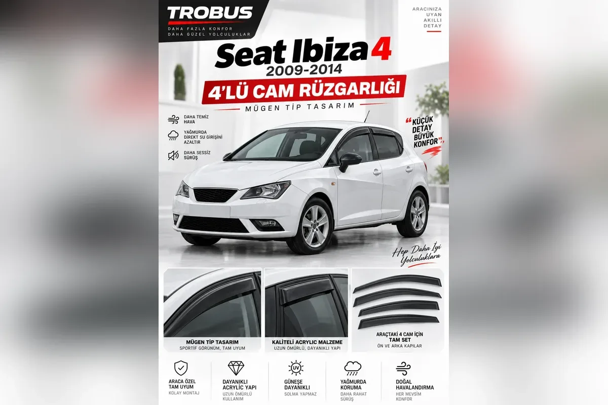 Seat Ibiza 4 hatchback için 4 parça Mügen tip cam rüzgarlığı ve beyaz Ibiza görseli