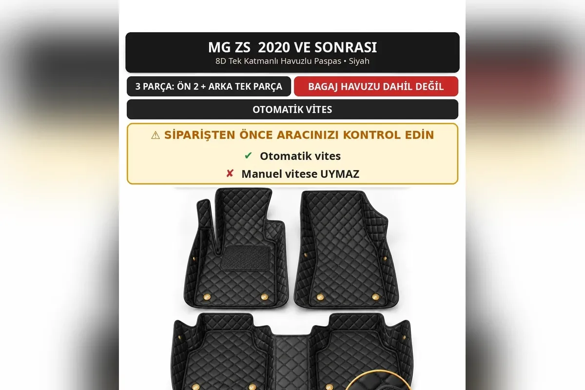 MG ZS 2020 sonrası otomatik vites için siyah kapitone 8D tek katmanlı havuzlu paspas seti