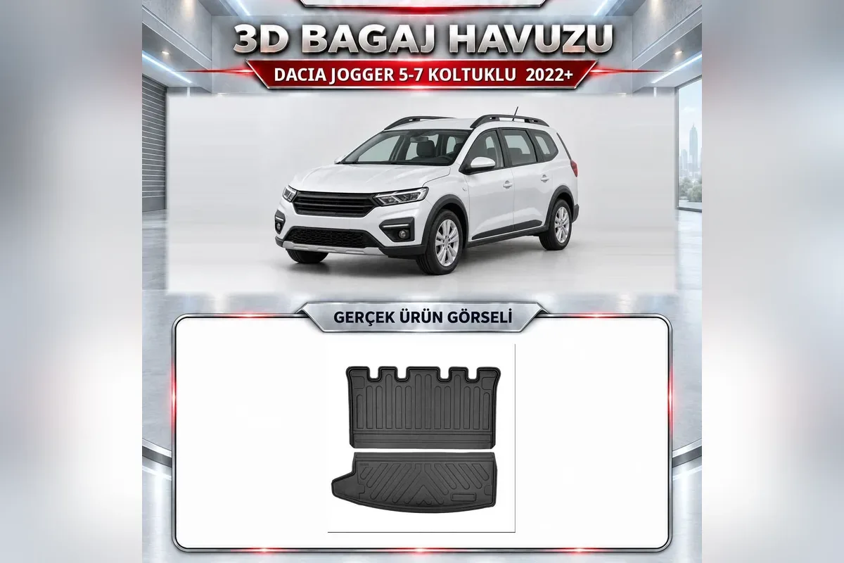 Dacia Jogger 5-7 koltuklu 2022 sonrası için siyah 3D bagaj havuzu ve beyaz Jogger