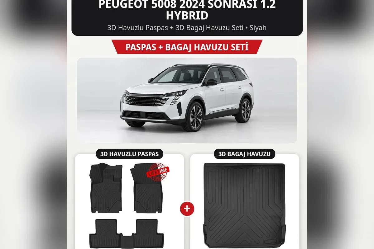 Peugeot 5008 2024 sonrası 1.2 Hybrid 5 koltuklu için siyah 3D havuzlu paspas ve 3D bagaj havuzu seti