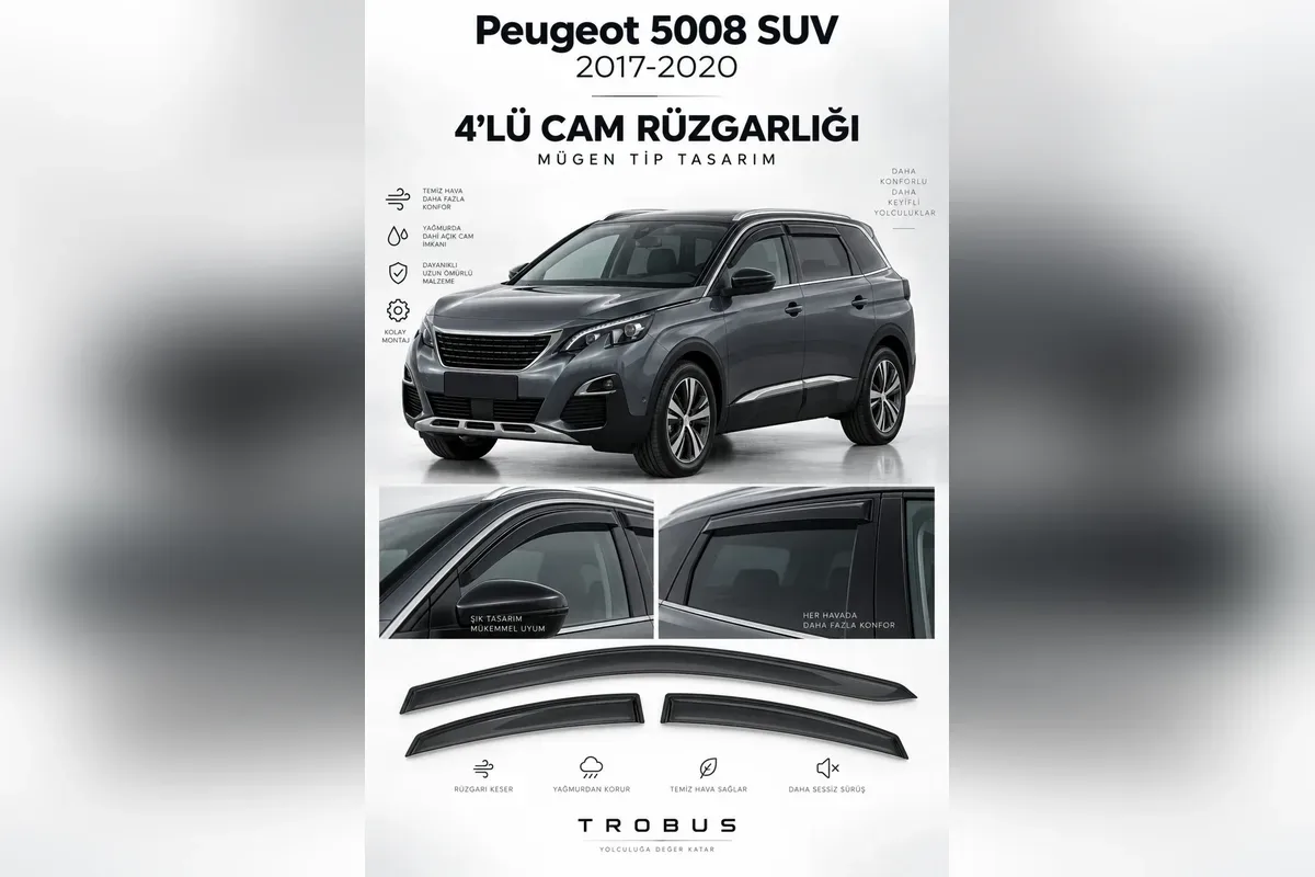 Gri Peugeot 5008 ikinci nesil ön ve arka kapı camlarında siyah 4 parça cam rüzgarlığı