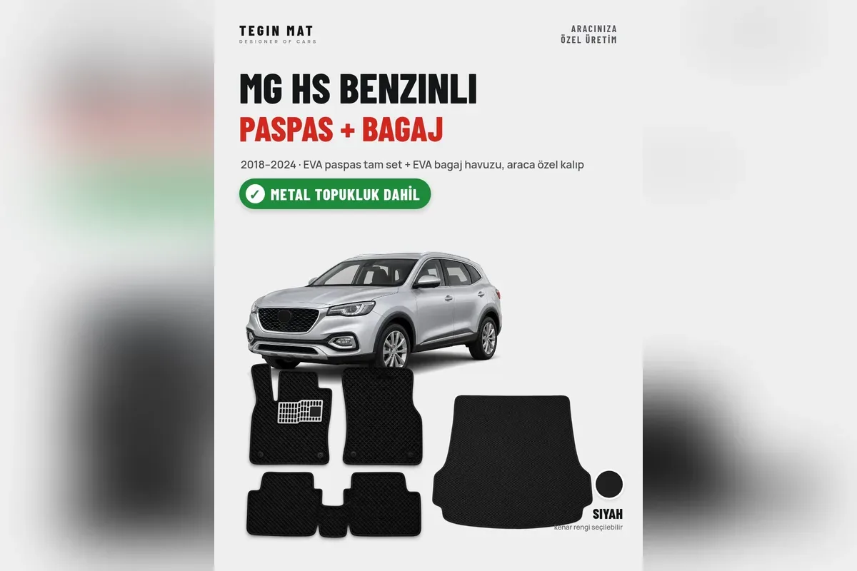 MG HS benzinli 2018-2024 için siyah EVA paspas tam seti ve EVA bagaj havuzu, metal topukluk dahil