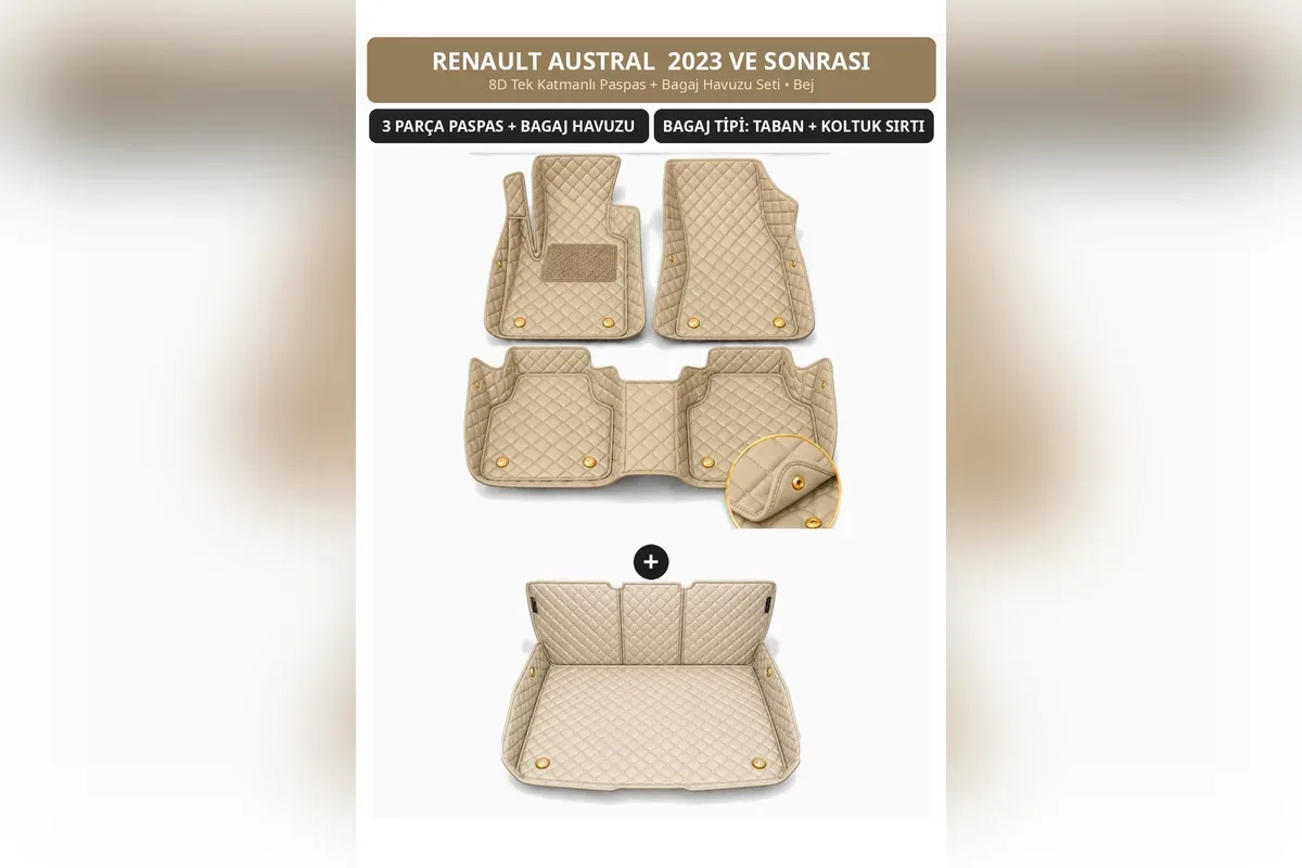 Renault Austral 2023 ve sonrası için bej 8D tek katmanlı kapitone paspas ve koltuk sırtını kaplayan bagaj havuzu seti