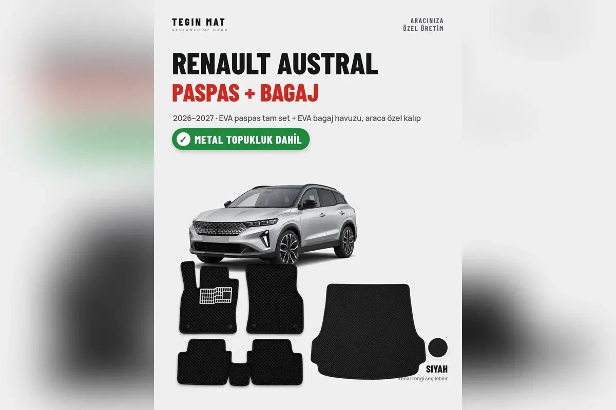 Renault Austral 2026-2027 için siyah EVA paspas tam seti ve EVA bagaj havuzu, metal topukluk dahil