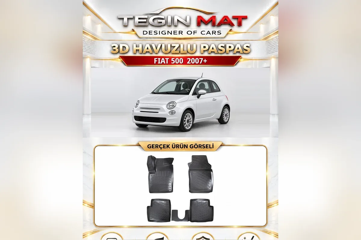 Fiat 500 2007 sonrası için siyah 3D havuzlu paspas seti ve beyaz Fiat 500 hatchback