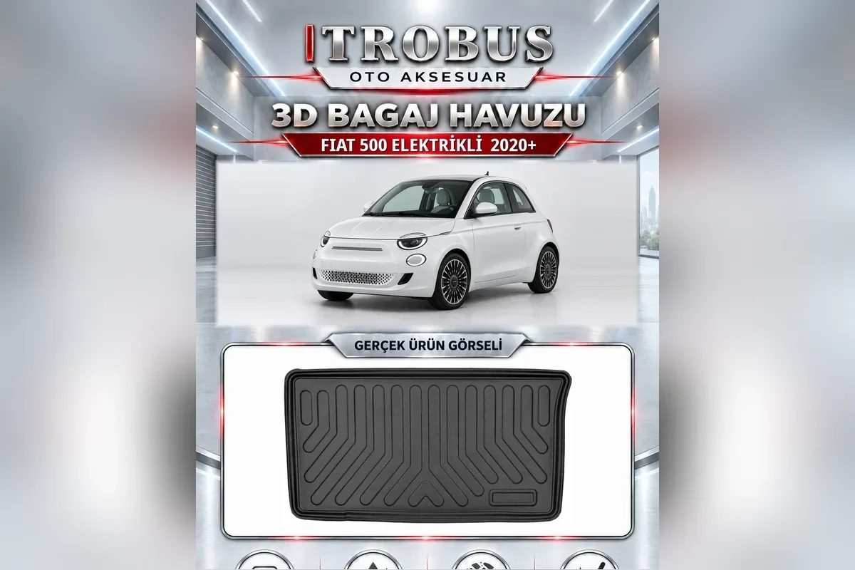 Fiat 500 elektrikli 2020 sonrası için araca özel siyah 3D bagaj havuzu gerçek ürün görseli