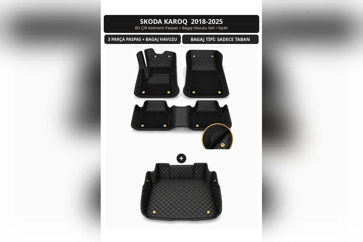 Skoda Karoq 2018-2025 için siyah 8D çift katmanlı kapitone paspas ve taban bagaj havuzu seti