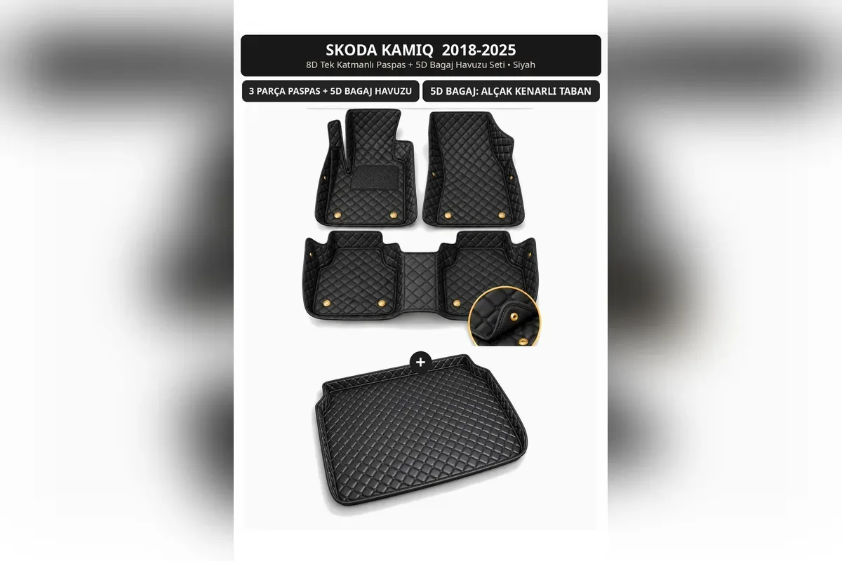 Skoda Kamiq 2018-2025 için siyah 8D tek katmanlı kapitone paspas ve alçak kenarlı 5D bagaj havuzu seti