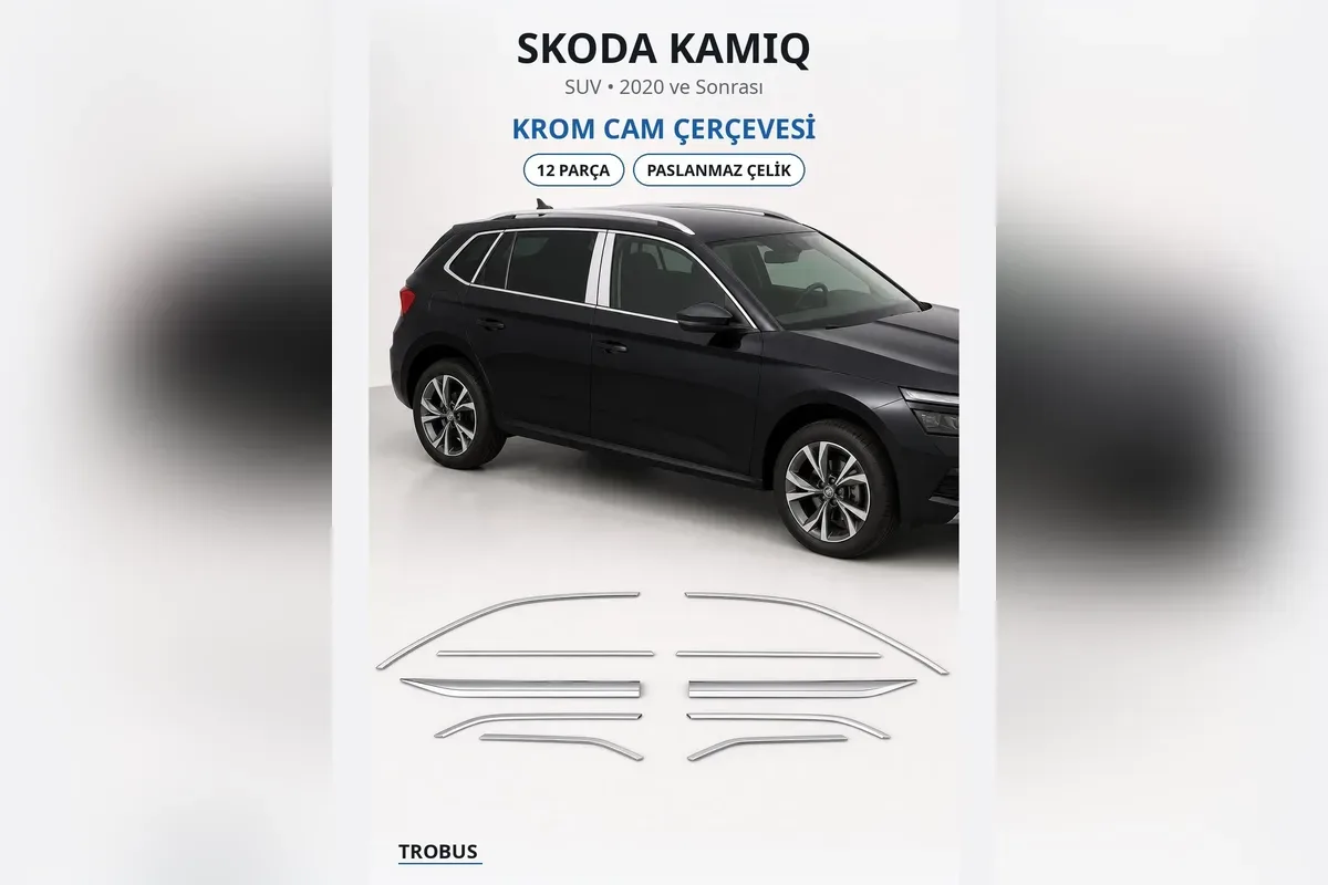 Siyah Skoda Kamiq SUV ve 2020 sonrası için 12 parça paslanmaz çelik krom cam çerçevesi