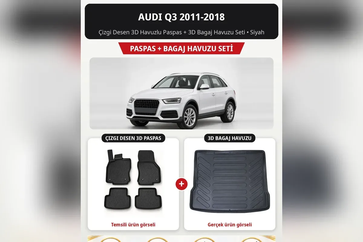 Audi Q3 2011-2018 için çizgi desenli 3D havuzlu paspas ve 3D bagaj havuzu seti siyah, beyaz Q3 görseli