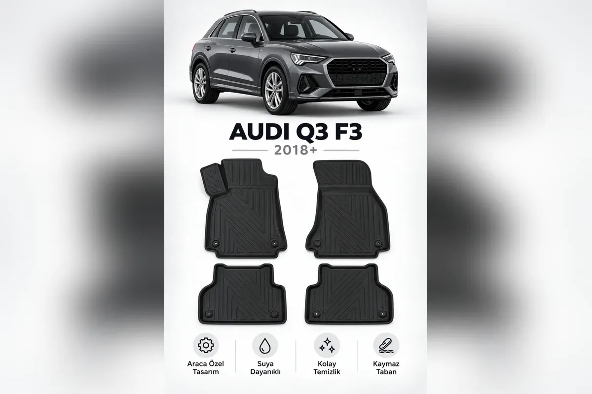Audi Q3 F3 2018 sonrası için karbon desenli premium 3D havuzlu paspas, dört parça ve gri Q3