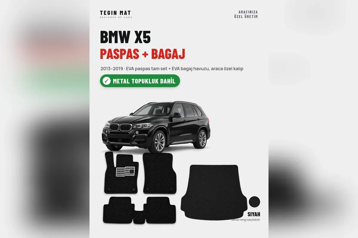 BMW X5 2013-2019 için siyah EVA paspas tam set ve EVA bagaj havuzu, metal topukluk dahil