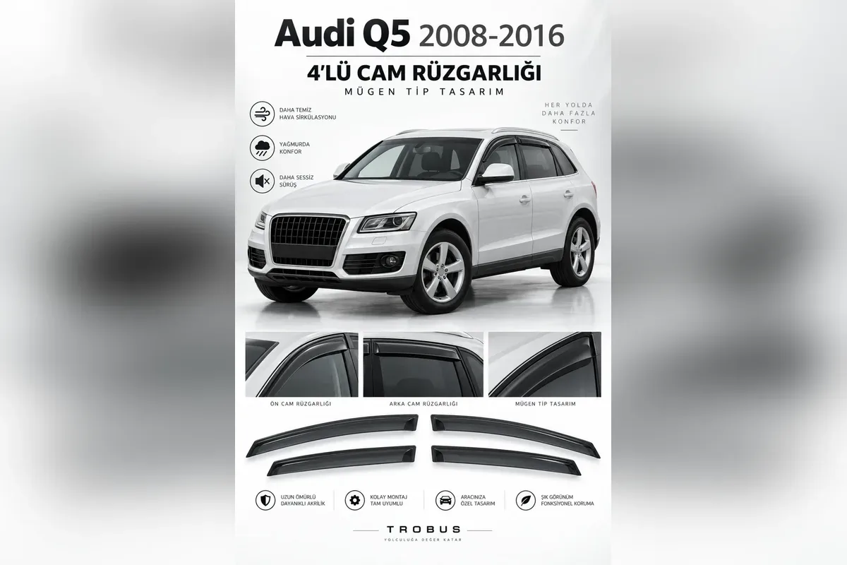 Beyaz Audi Q5 8R kasa ön ve arka kapı camlarında 4 parça siyah cam rüzgarlığı