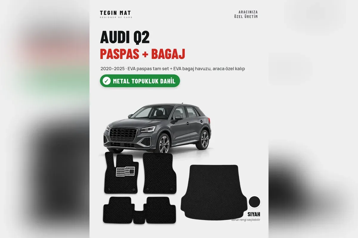 Audi Q2 2020-2025 için siyah EVA paspas tam set ve EVA bagaj havuzu seti, metal topukluk dahil