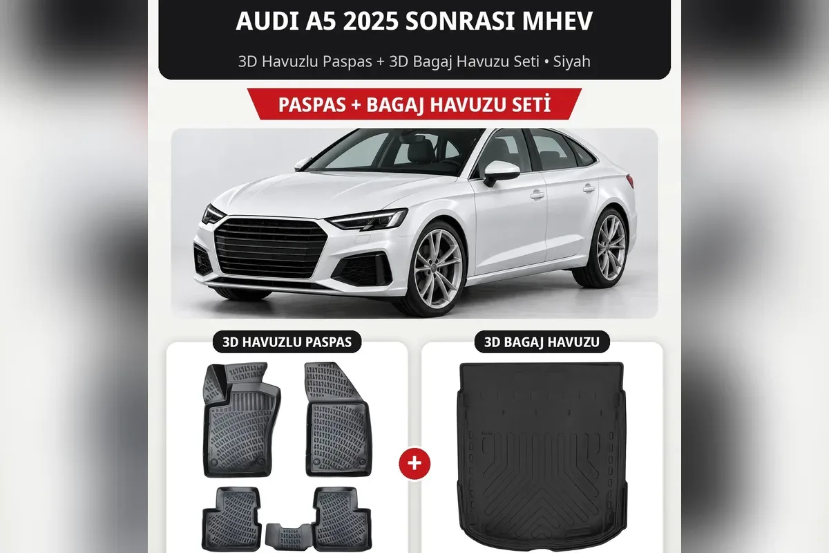 Audi A5 2025 sonrası MHEV için siyah 3D havuzlu paspas ve 3D bagaj havuzu seti, beyaz A5 görseli