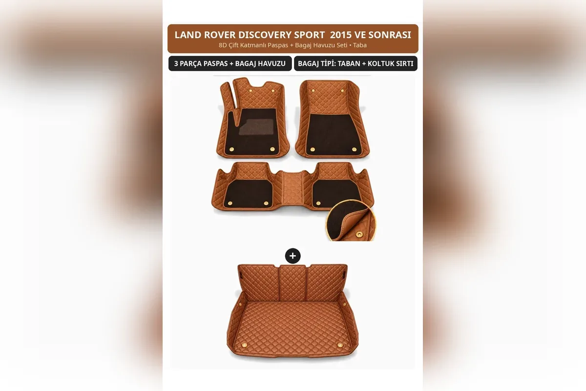 Land Rover Discovery Sport 2015 ve sonrası için taba renk 8D çift katmanlı paspas ve koltuk sırtı kaplamalı bagaj seti