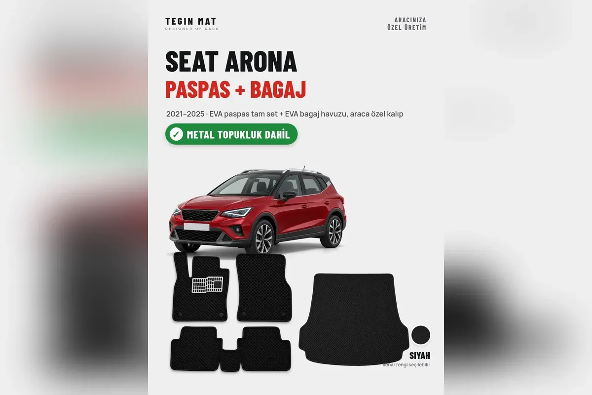 Kırmızı makyajlı Seat Arona ve 2021-2025 için siyah EVA paspas tam set ile EVA bagaj havuzu