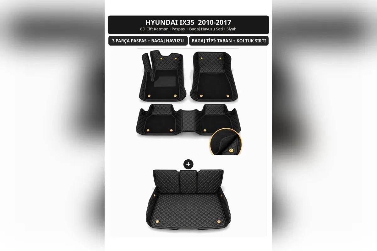Hyundai ix35 2010-2017 için siyah 8D çift katmanlı kapitone paspas ve sırt kaplamalı bagaj havuzu seti