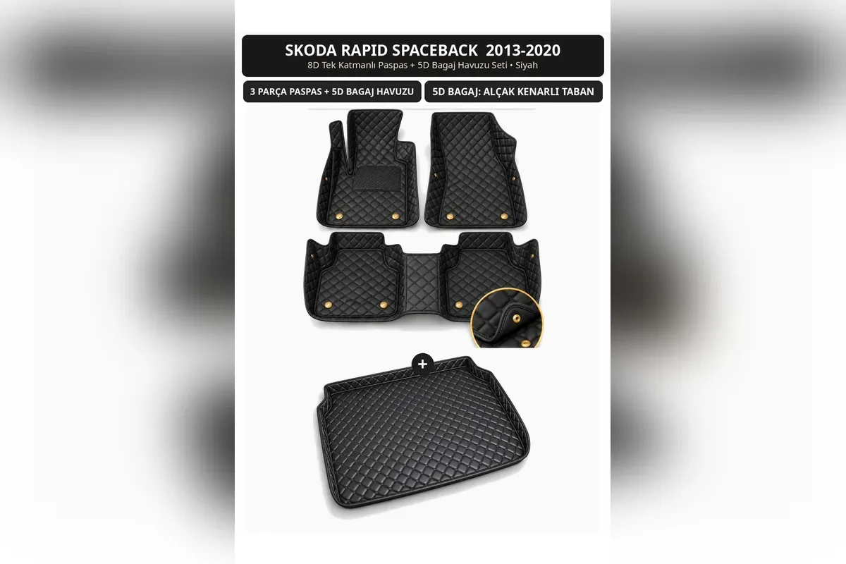 Skoda Rapid Spaceback 2013-2020 için siyah 8D tek katmanlı kapitone paspas ve alçak kenarlı 5D bagaj havuzu seti