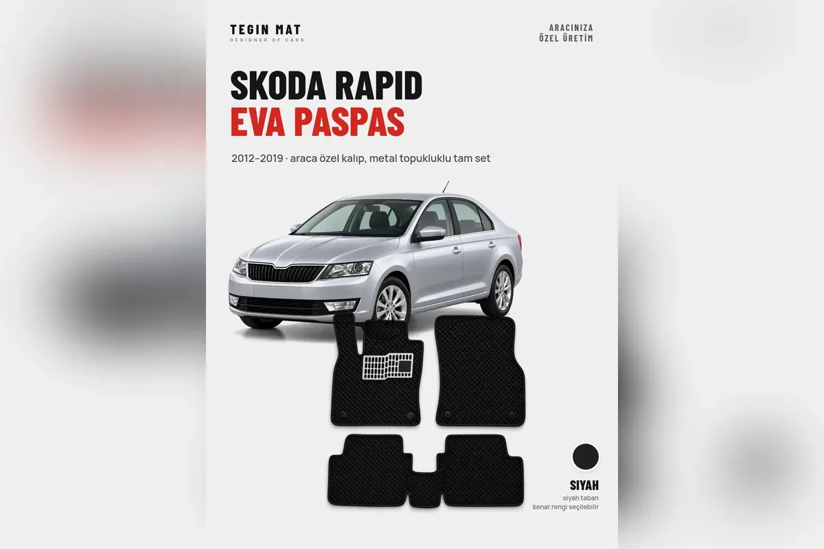 Gümüş Skoda Rapid sedan ve 2012-2019 için metal topukluklu siyah EVA paspas tam set
