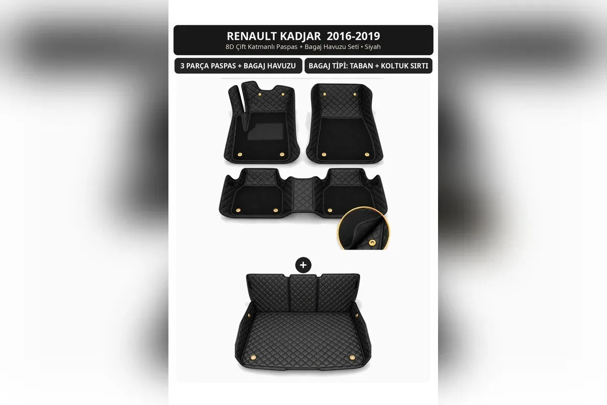 Renault Kadjar 2016-2019 için siyah 8D çift katmanlı kapitone paspas ve sırt kaplamalı bagaj havuzu seti